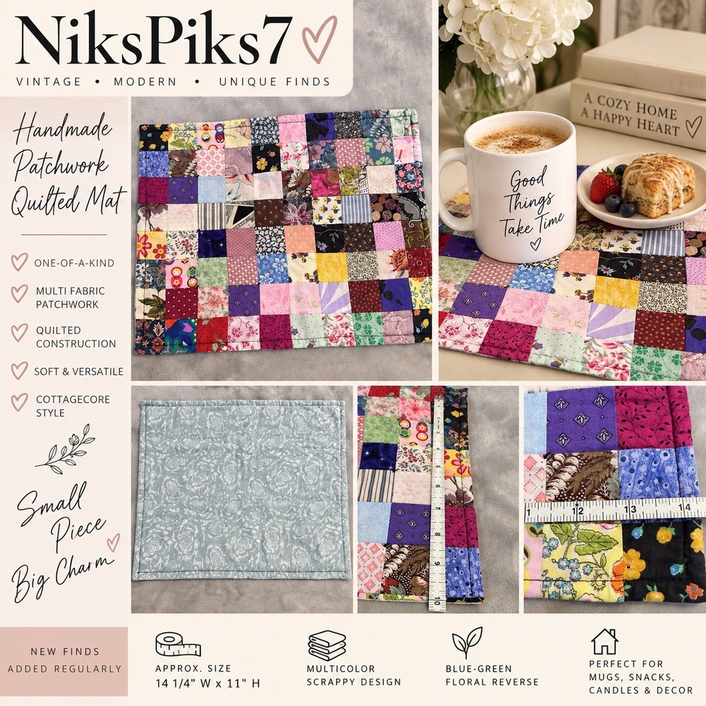 Handmade Patchwork Quilted Mug Rug 14x11 Scrappy Mini Quilt Cottagecore Mat